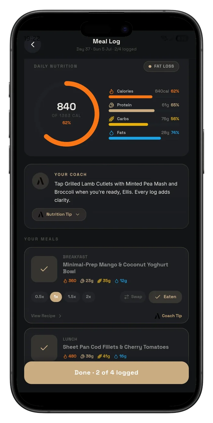 A90 meal log showing calories and macros